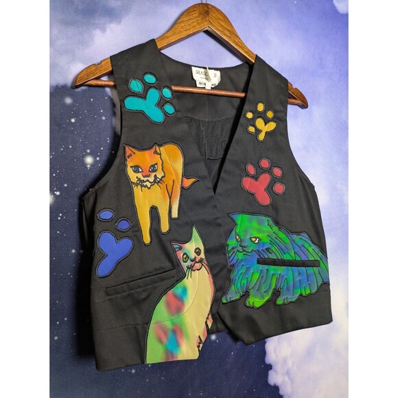 Vintage Silkscapes Cat Vest Black Silk Appliqué Whimsical Art to Wear Size S - Picture 2 of 10